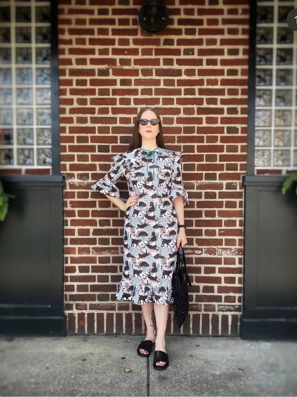 Handmade Cotton Cat Tropical Print Ruffle Trim Dress